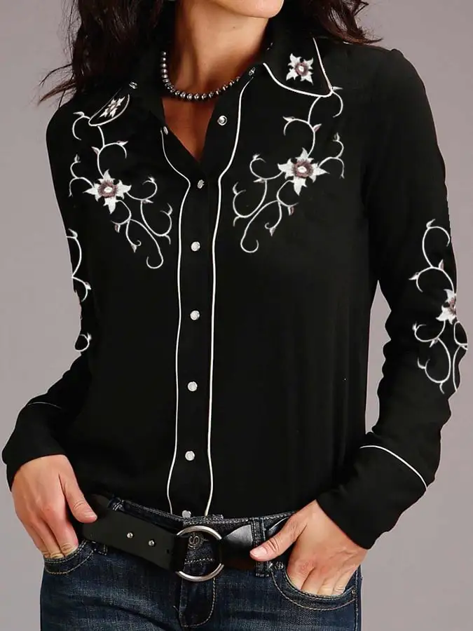 Women's Vintage Western Print Long Sleeve Shirt
