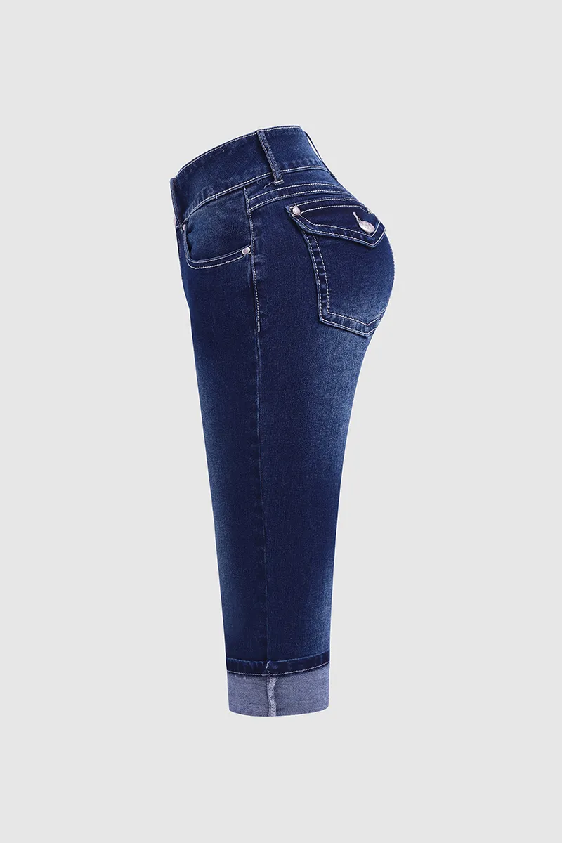 Double Button Flap Pocket Rolled Hem Low Rise Capri Jeans