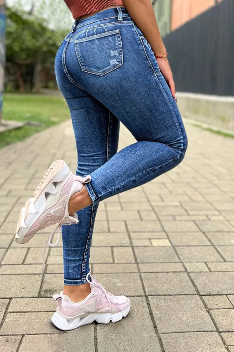Wash Ripped Detail Mid Rise Stretchy Skinny Jeans