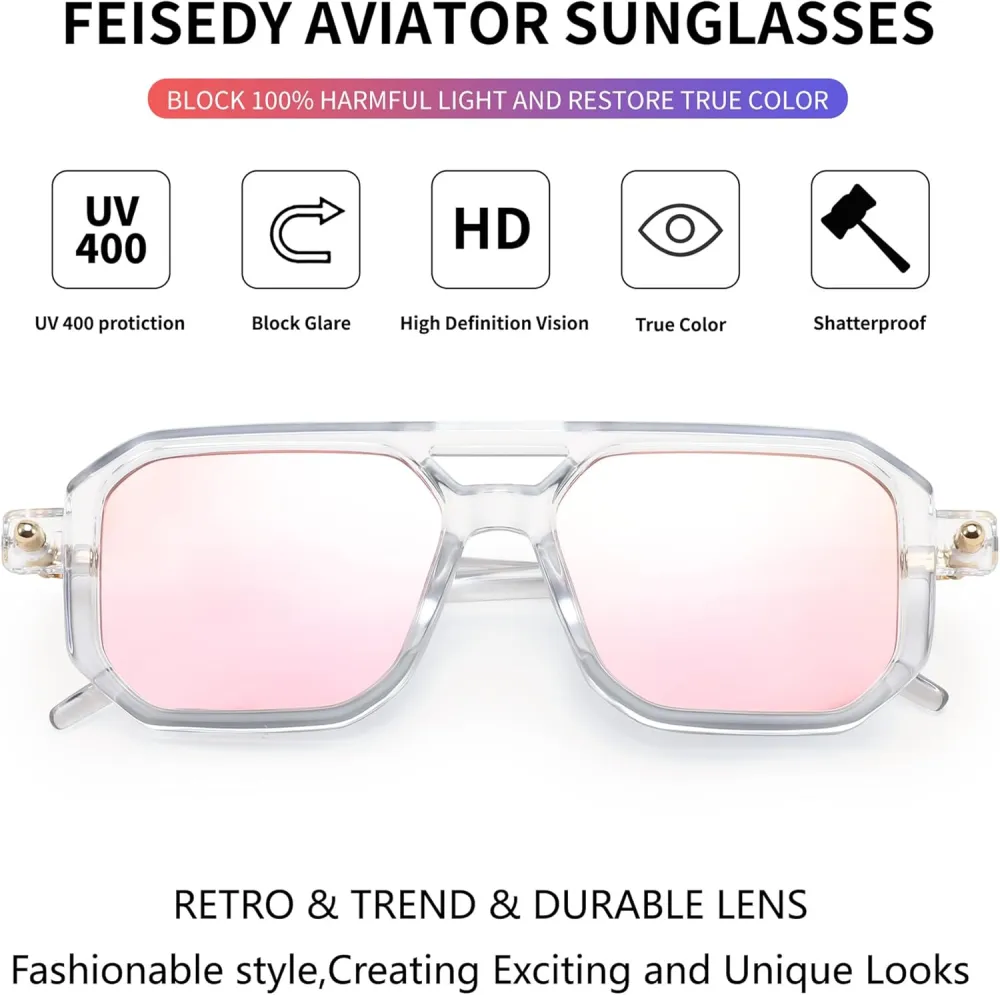 FEISEDY Vintage Square 70s Flat Aviator Sunglasses Women Men Classic Retro Stylish Frame UV400 Sunglasses B2622