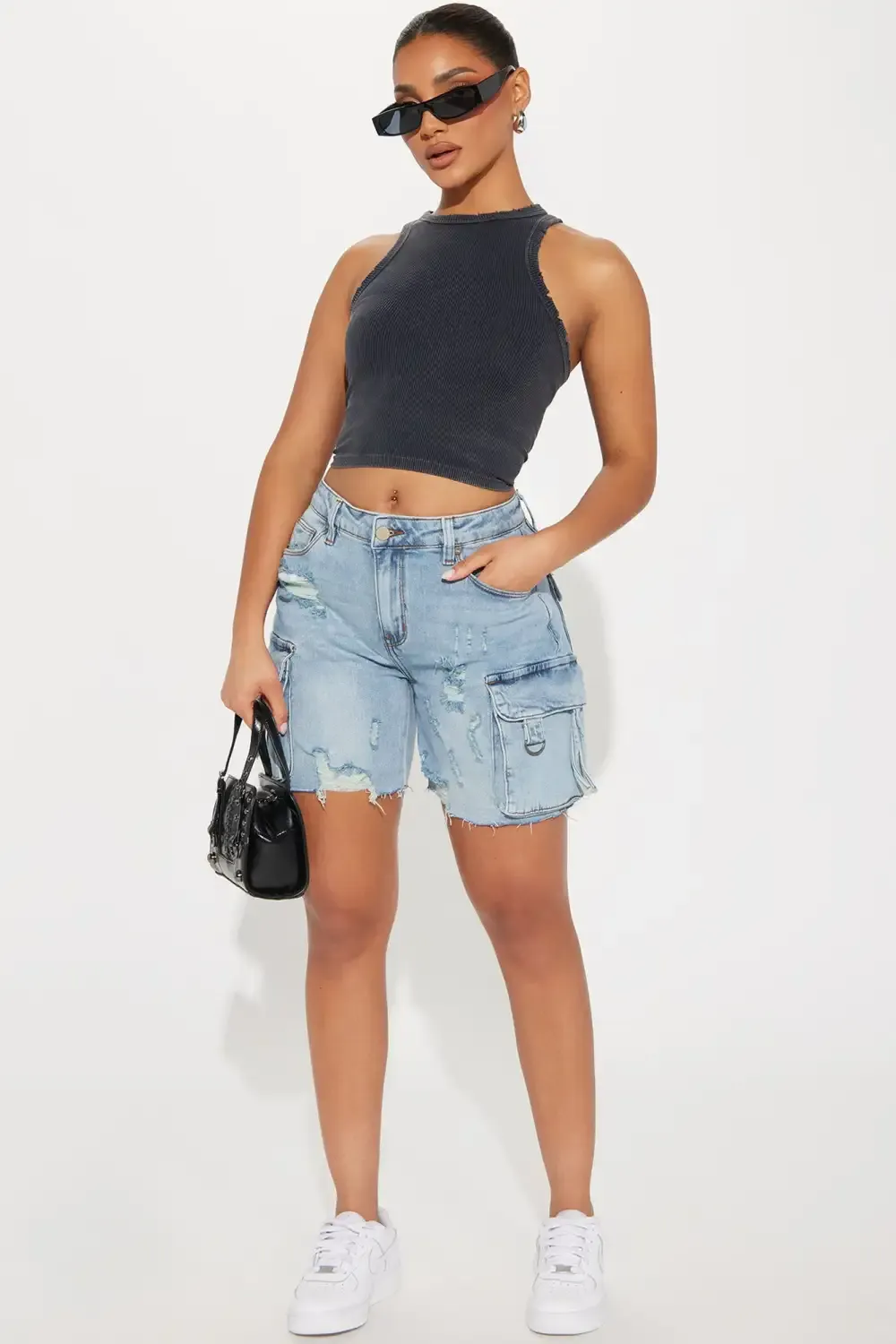 Find A Way Stretch Cargo Denim Shorts - Light Wash