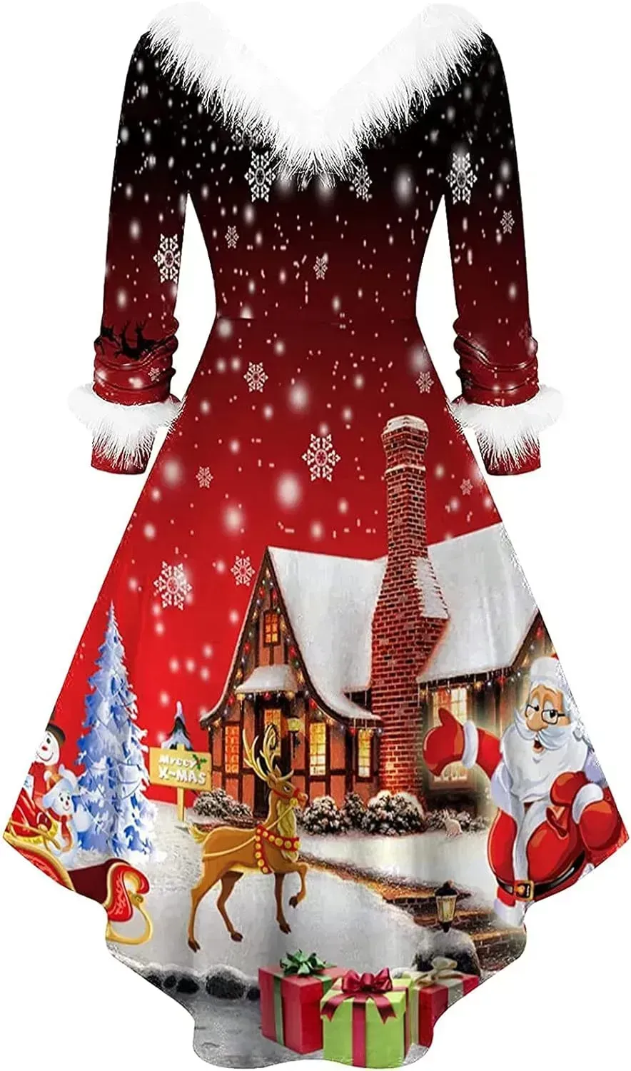 Womens Christmas Dress Fuzzy Mrs Claus Christmas Holiday Xmas Cocktail Holiday Party Flare Dress