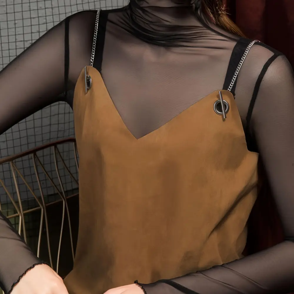 Lady'S High-Neck Semi-Transparent Lace Base Blouse