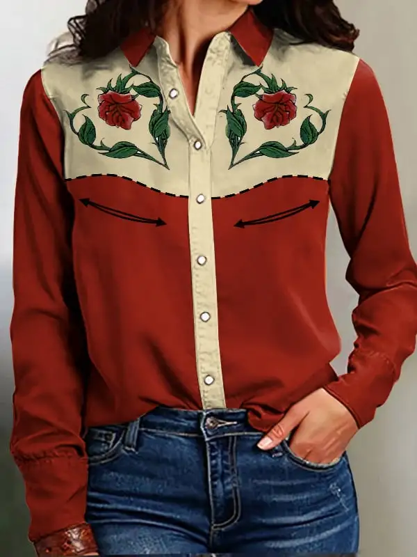 Women's Vintage Western Art Print Casual Linen Blouse