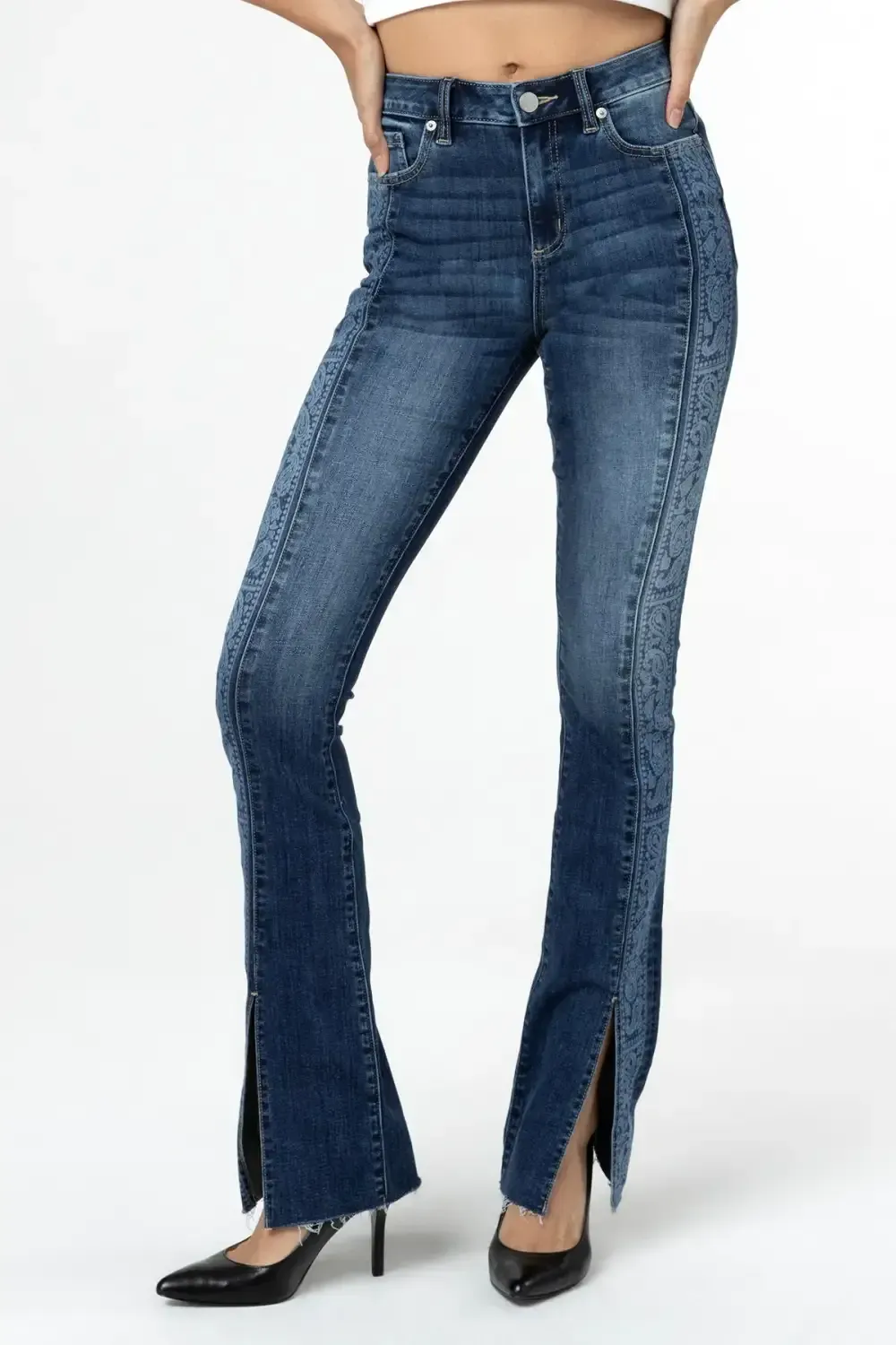 Paisley Front Slit Bootcut Jeans