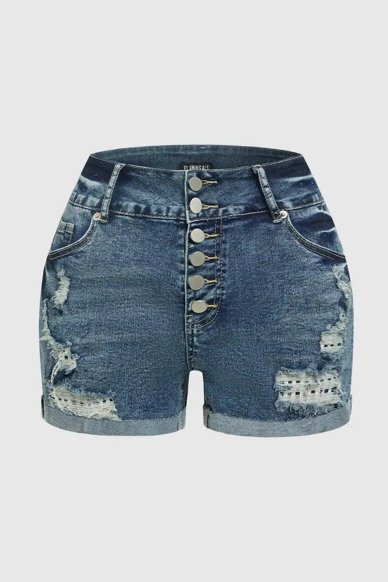 Stripe Ripped Roll Hem Button Fly Denim Shorts