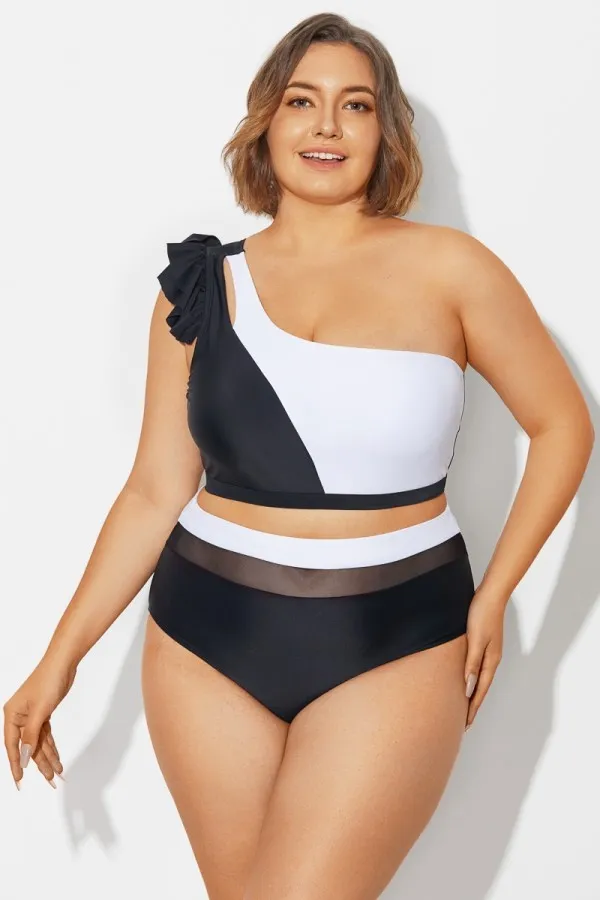 Black＆White Chic One Shoulder Bikini Top