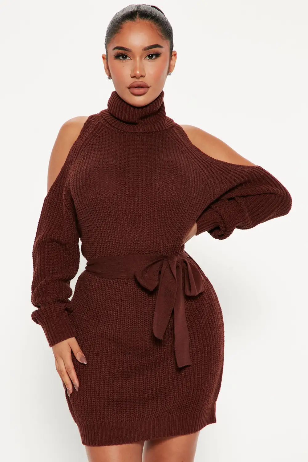 Giving Cold Shoulder Sweater Dress - Brown