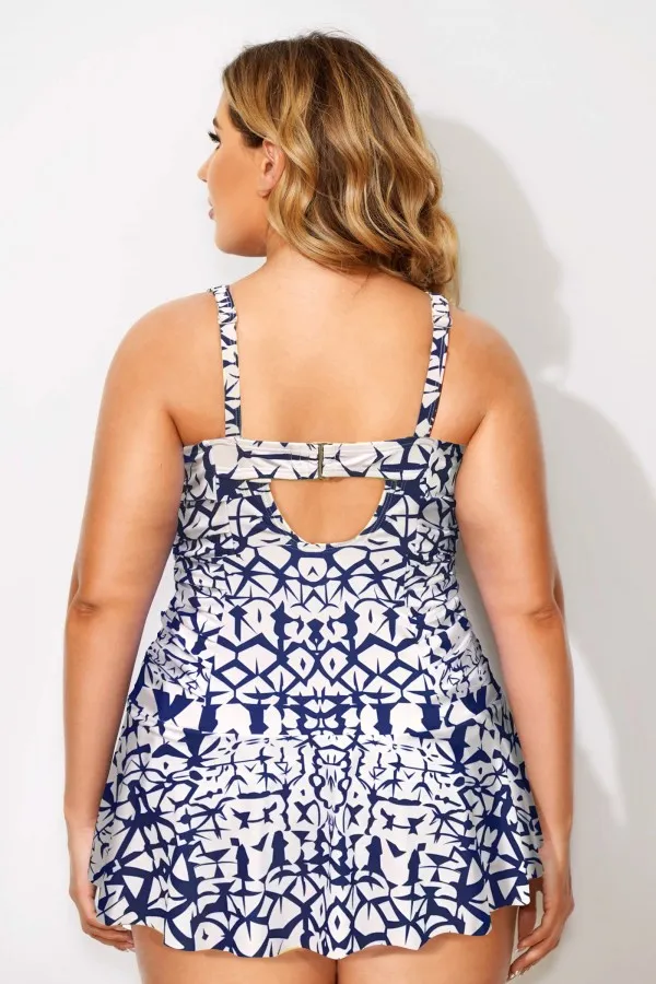 Tie-Dye Shirred V-Neck Elegant Lady Swimdress