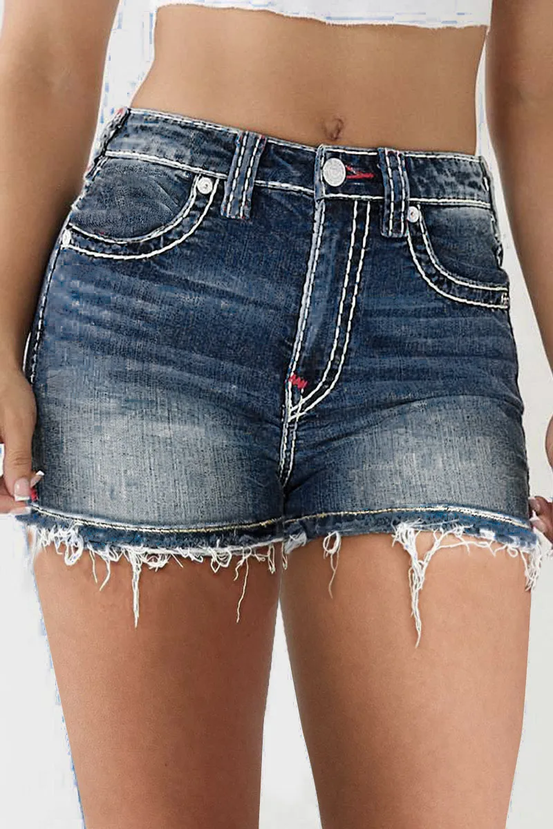 Stitch Pocket Raw Hem Mid Waist Denim Shorts