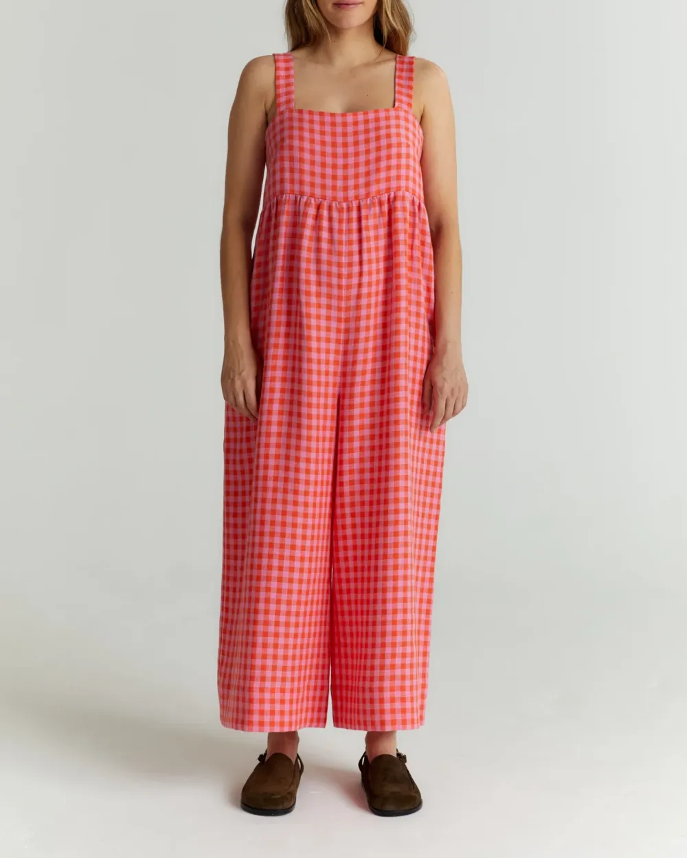 TOMATO & PINK CHECK LINEN JUMPSUIT