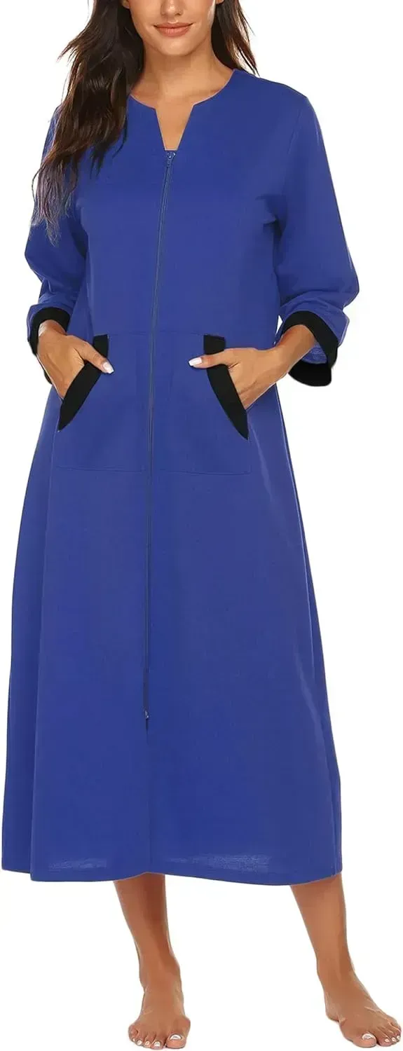 Women Zipper Robe 3/4 Sleeves Loungewear Dress Full Length Sleepwear Pockets Housecoat Nightgown Long Bathrobe