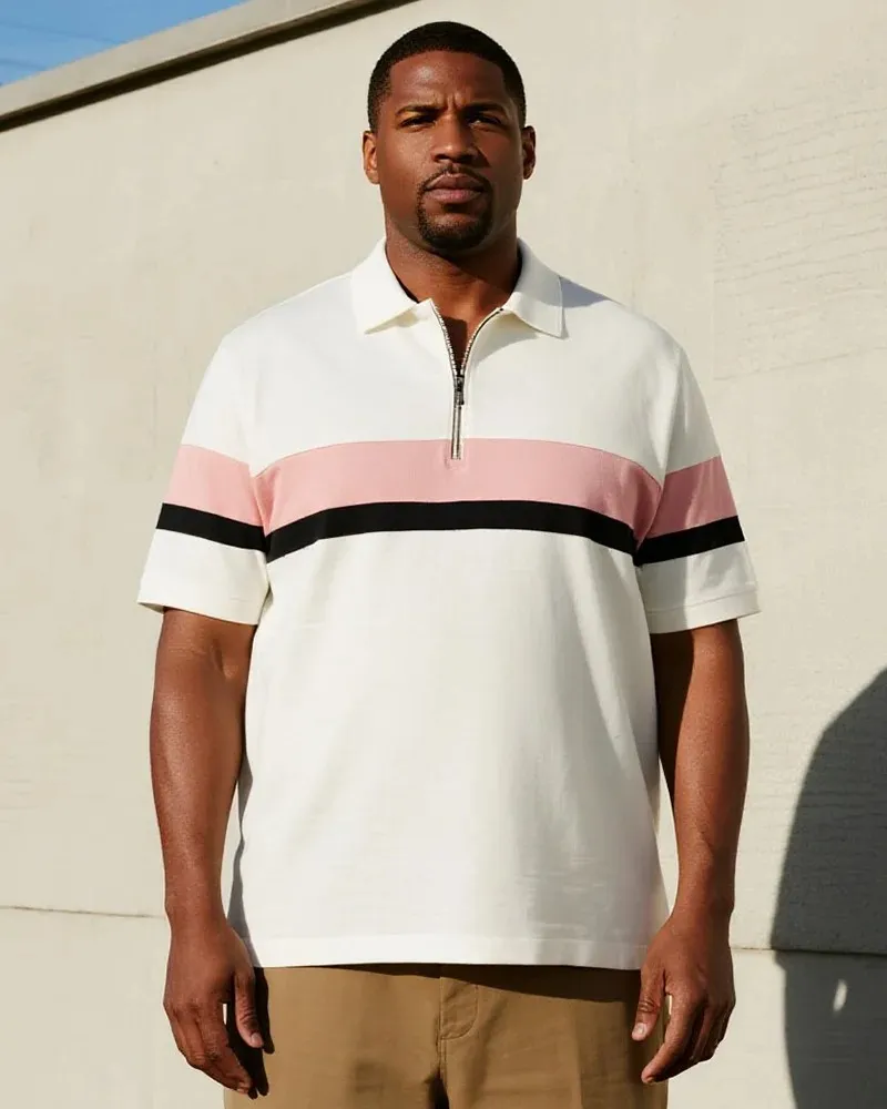 Big & Tall Men's Business Stripe Printed Short Sleeve Zipper Polo Shirt