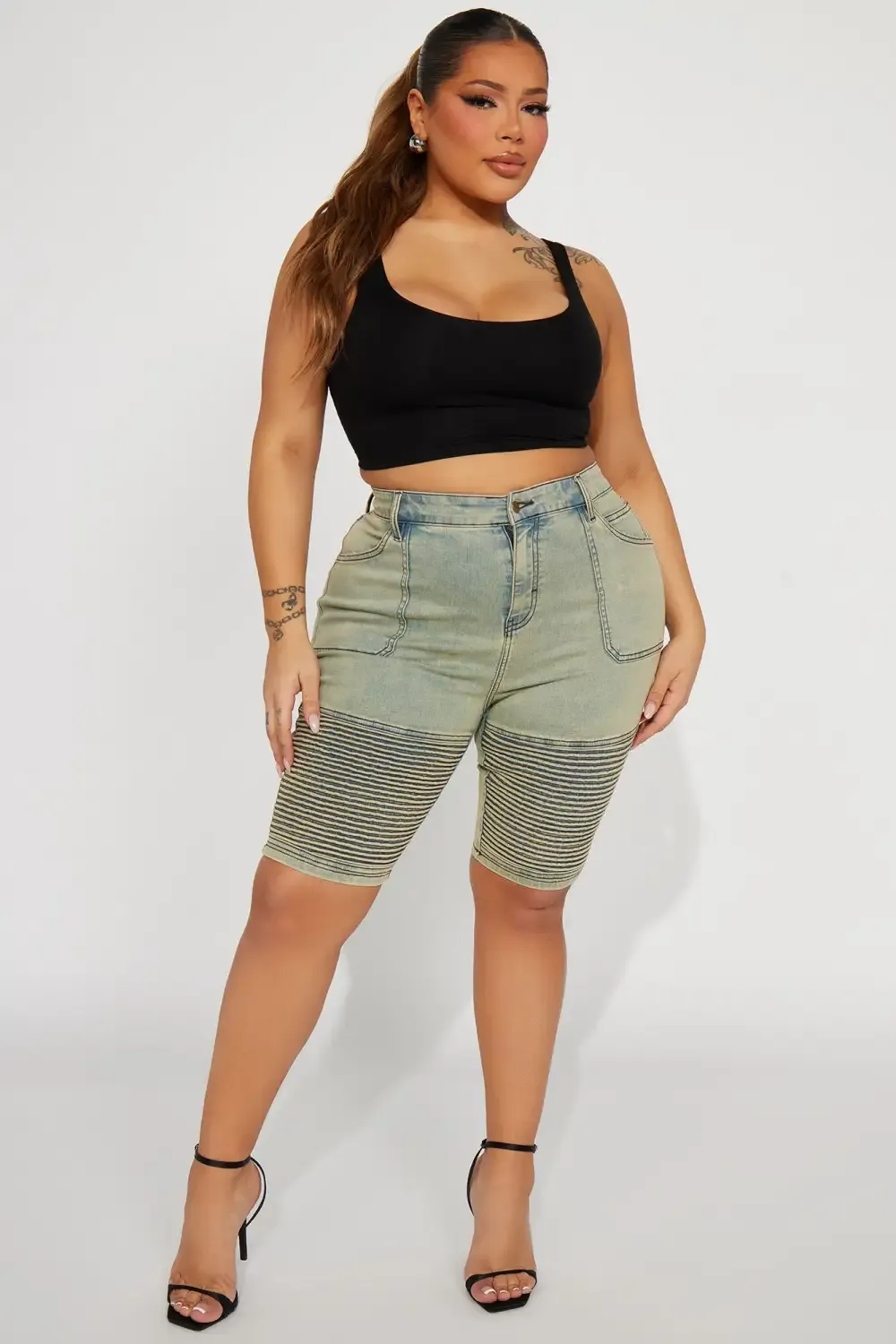 Heating Up Moto Stretch Denim Bermuda Shorts - Vintage Wash