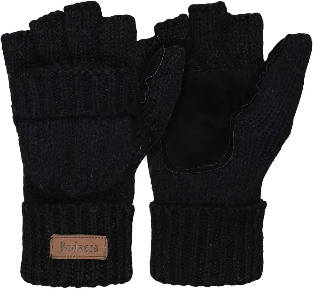 Bodvera Thermal Insulation Fingerless Texting Wool Gloves for Women and Men Winter Warm Knitted Convertible Mittens Flap