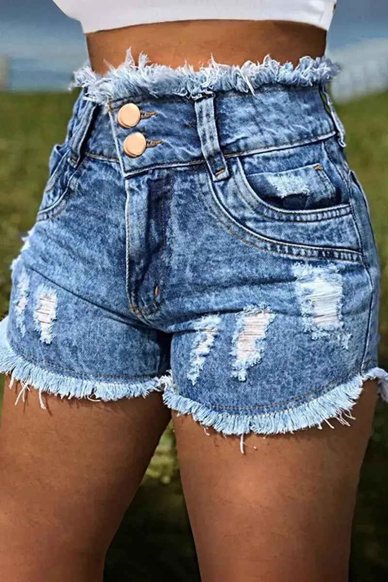 Ripped Raw Trim High Waist Denim Shorts