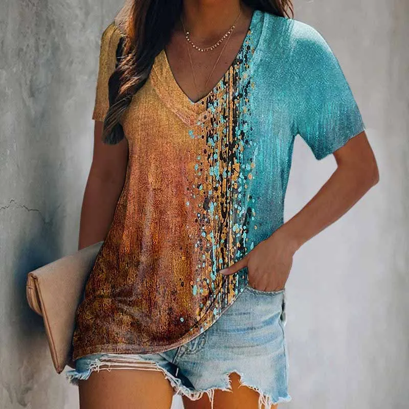 Color Block V-neck Printed T-shirt