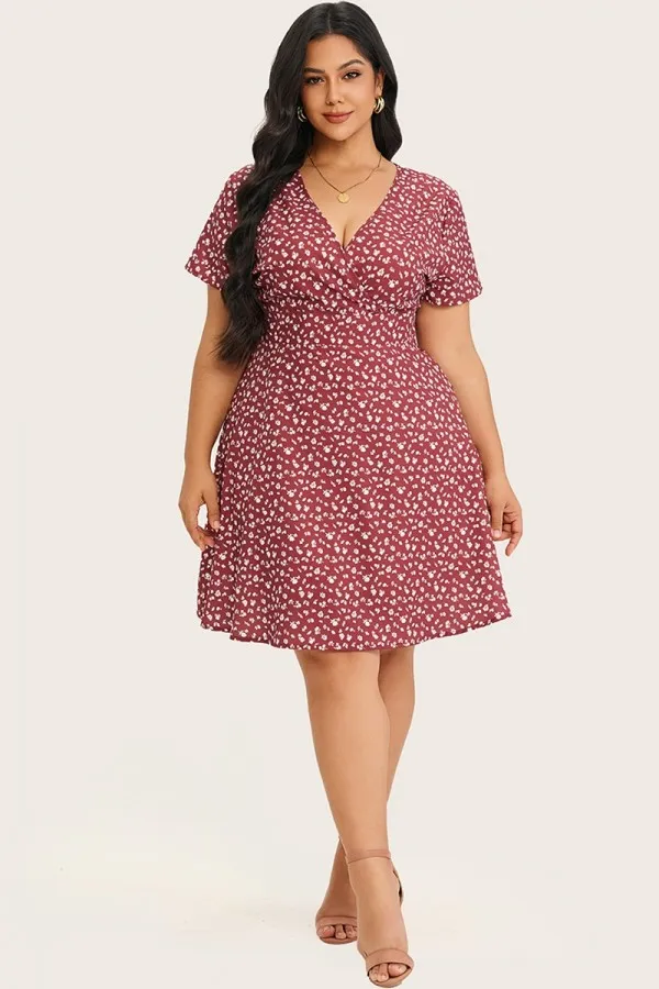 Floral Print A-Line Short Sleeve Midi Dress