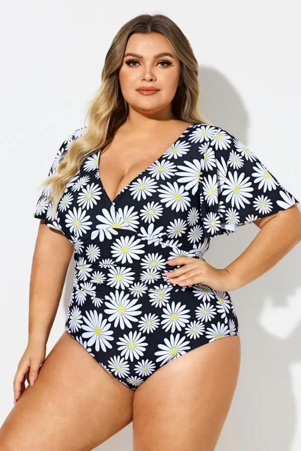 Daisy Print V-Neck Ruffle Sleeves One Piece Swimsuit