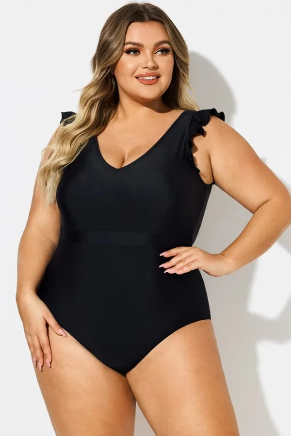Black Ruffle Sleeves V-Neck One Piece Swimsuit