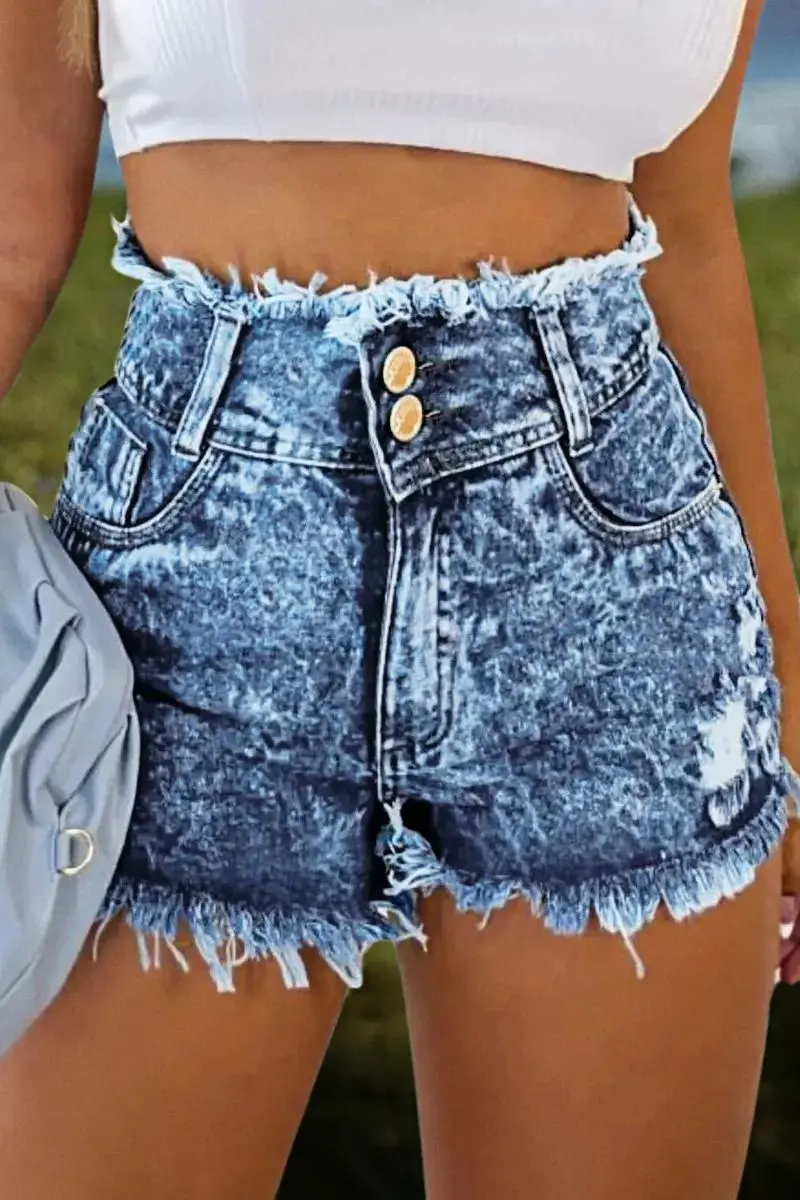 Ripped Raw Trim High Waist Denim Shorts