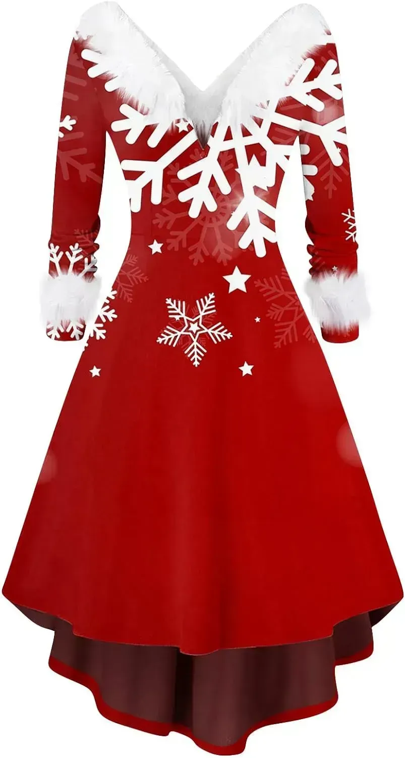Womens Christmas Dress Fuzzy Mrs Claus Christmas Holiday Xmas Cocktail Holiday Party Flare Dress