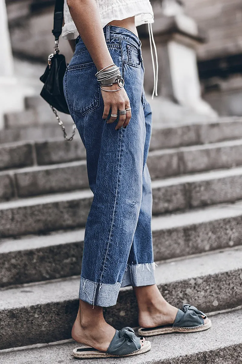 Wash Ripped Raw Roll Hem Wrap High Rise Straight Leg Jeans