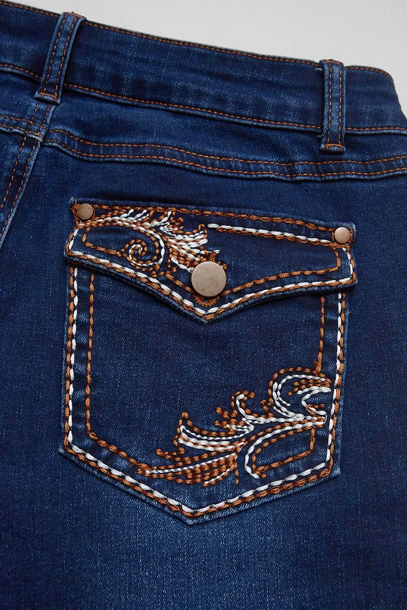 Wash Graphic Embroidery Flap Pocket Mid Rise Bootcut Jeans Without Belt