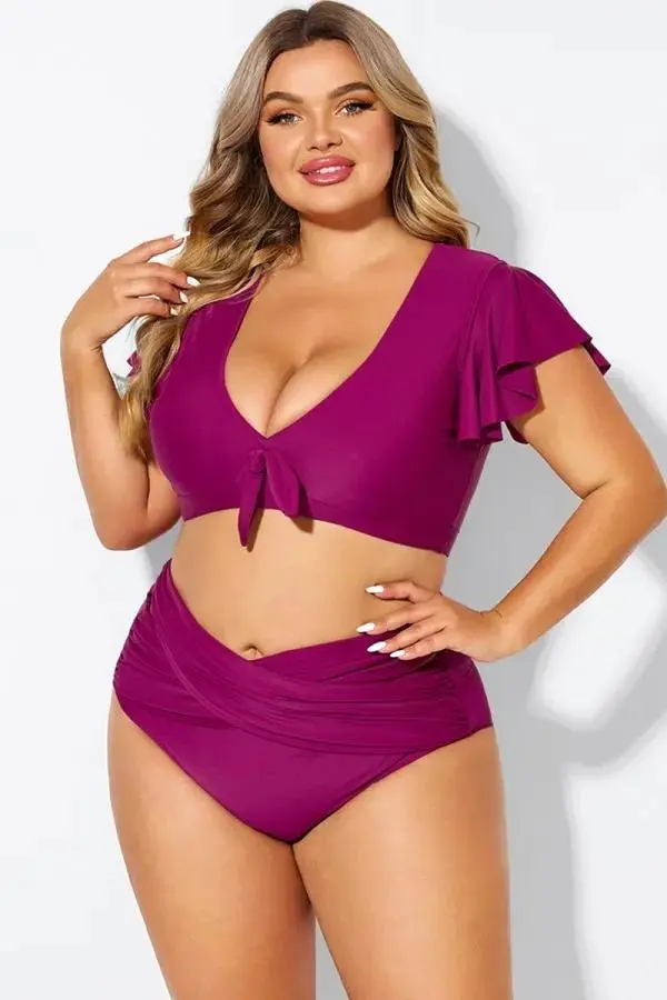 White Flutter-Sleeve Tie Detail Bikini Top