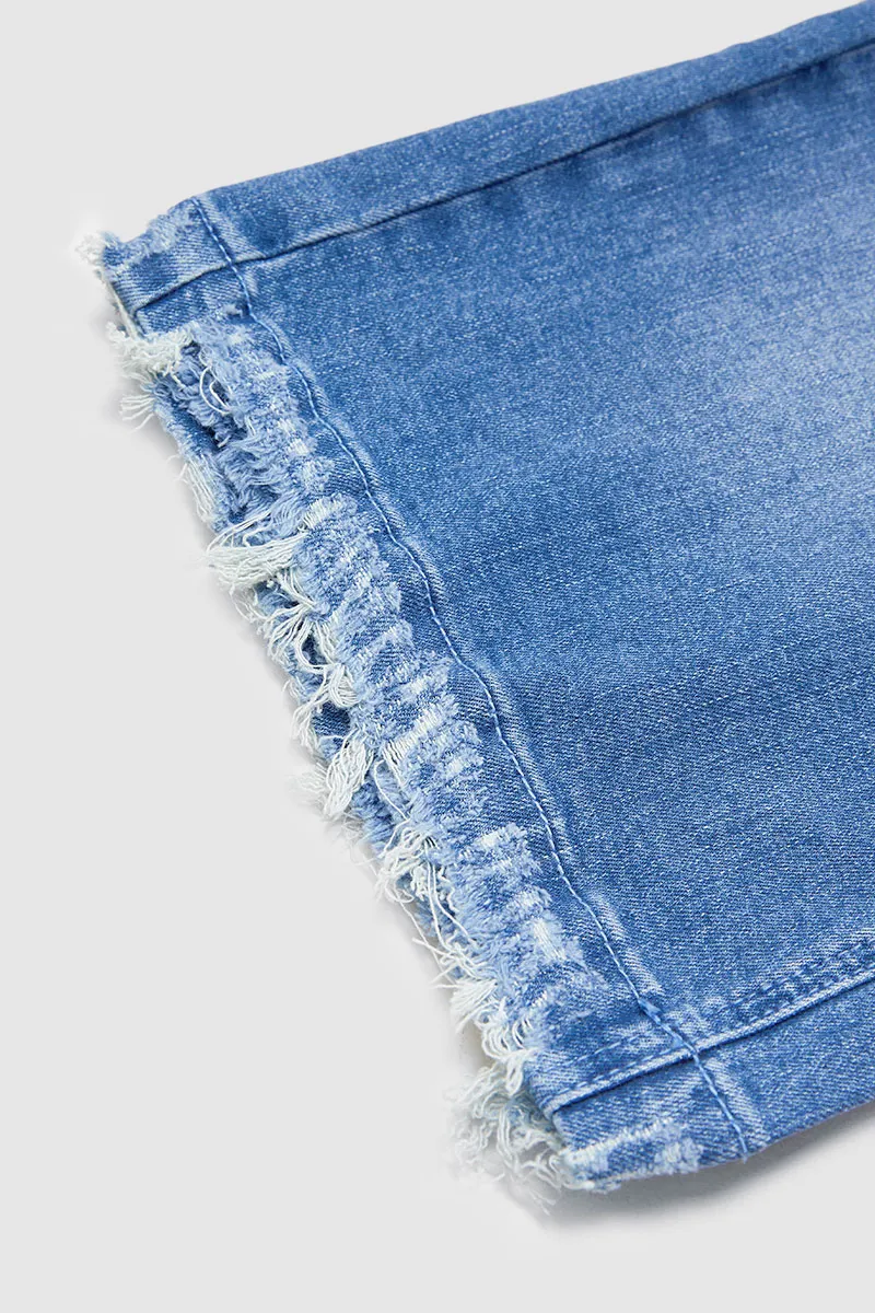 Wash Raw Hem Ripped Mid Waist Straight Leg Denim Bermuda Shorts