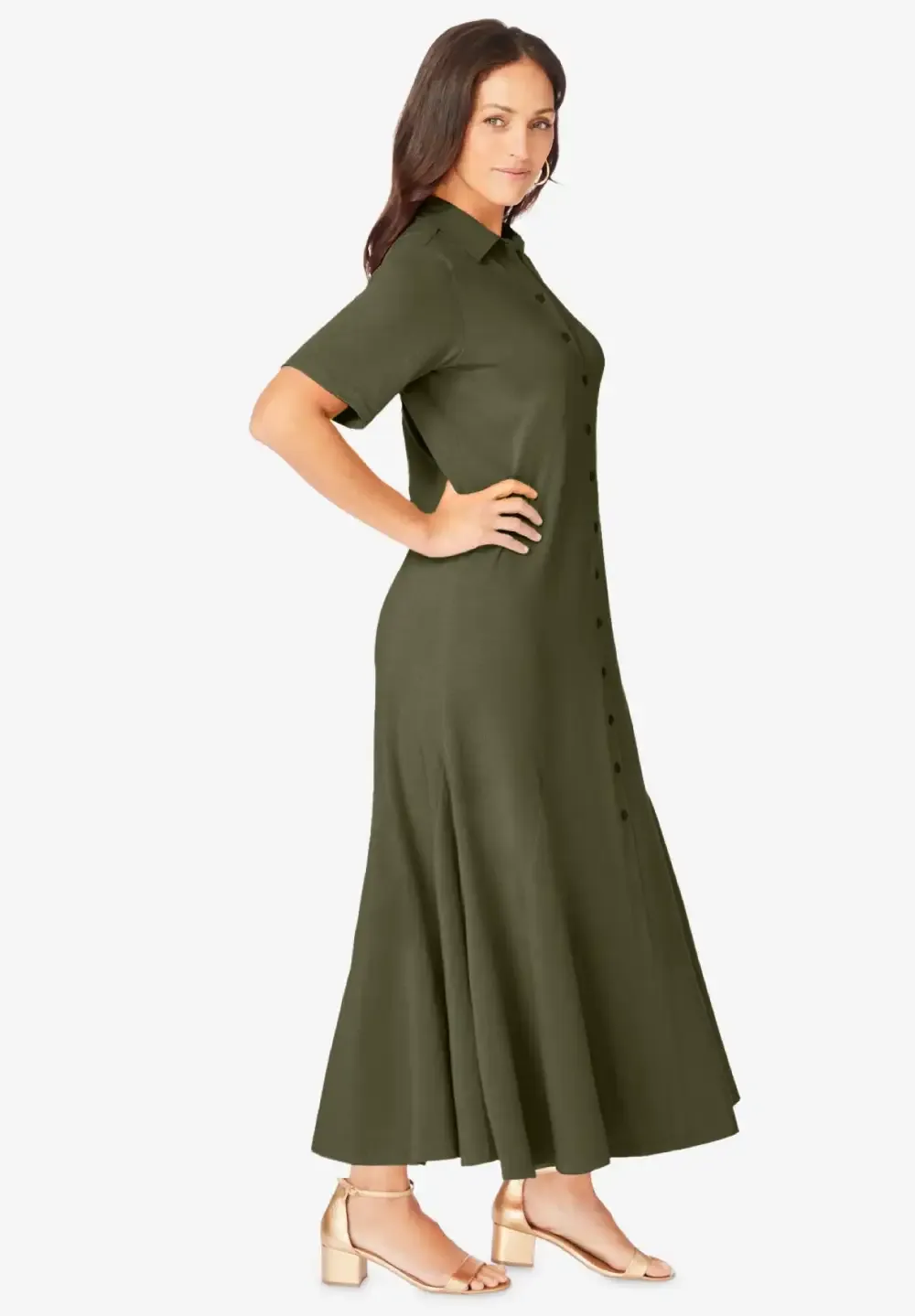 Stretch Cotton Button Front Maxi Dress