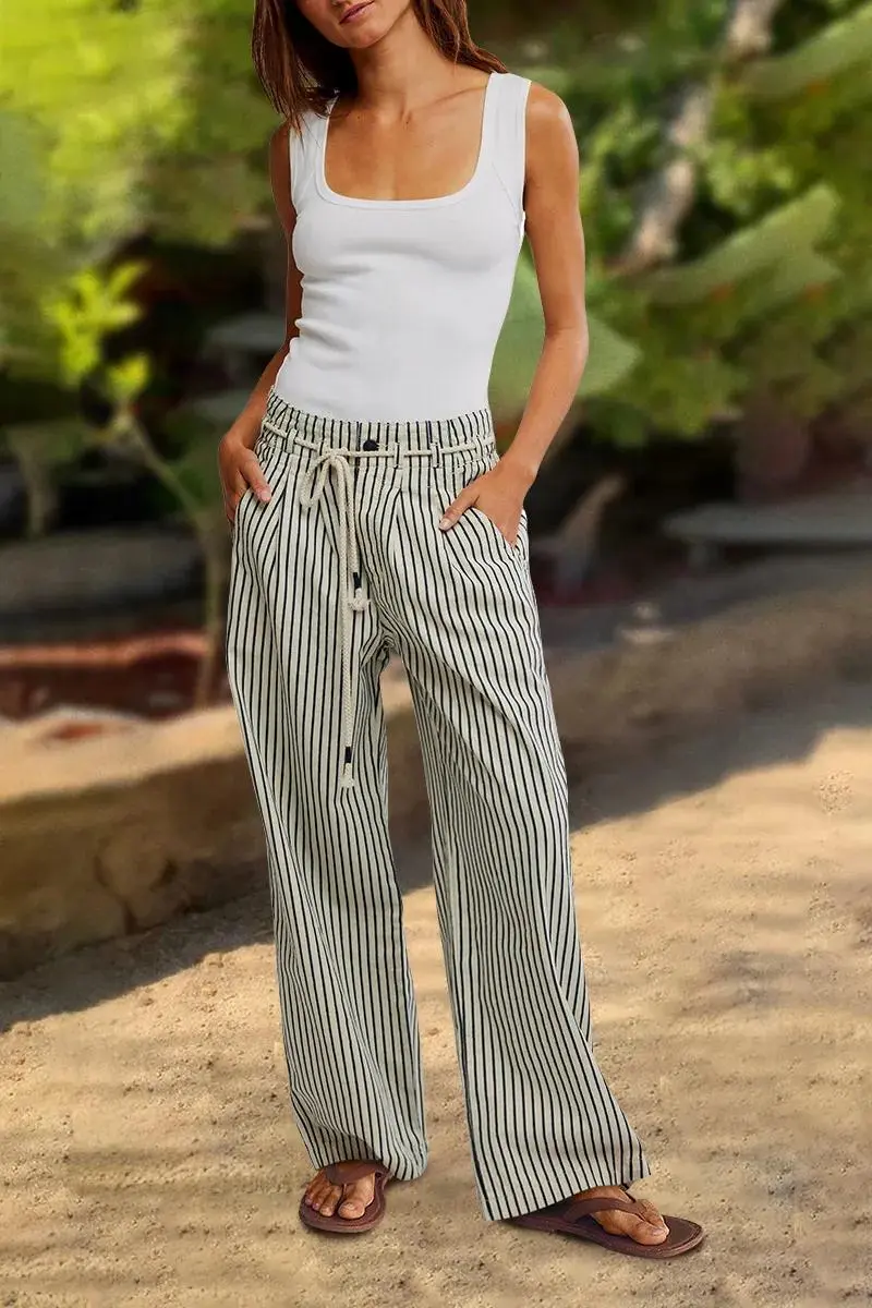 Striped Drawstring Pleated Mid Rise Straight Leg Pants