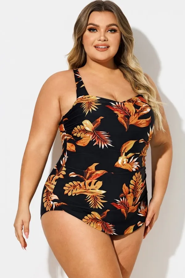 Leaf Print H-Back Sarong Front One Piece Swimsuit