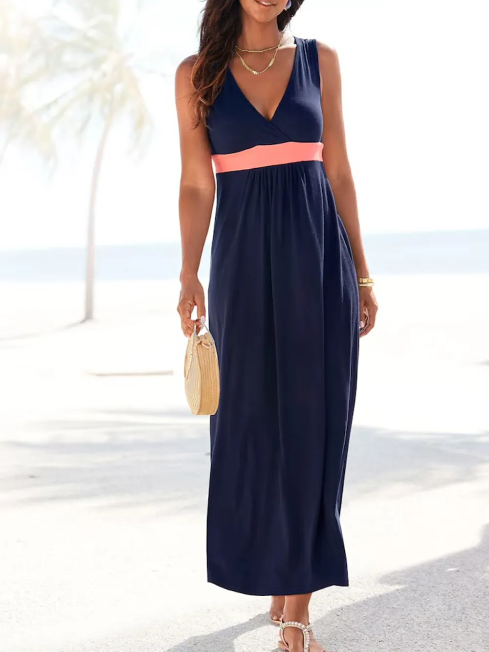 Marine Blue V-neck Casual Style Dress