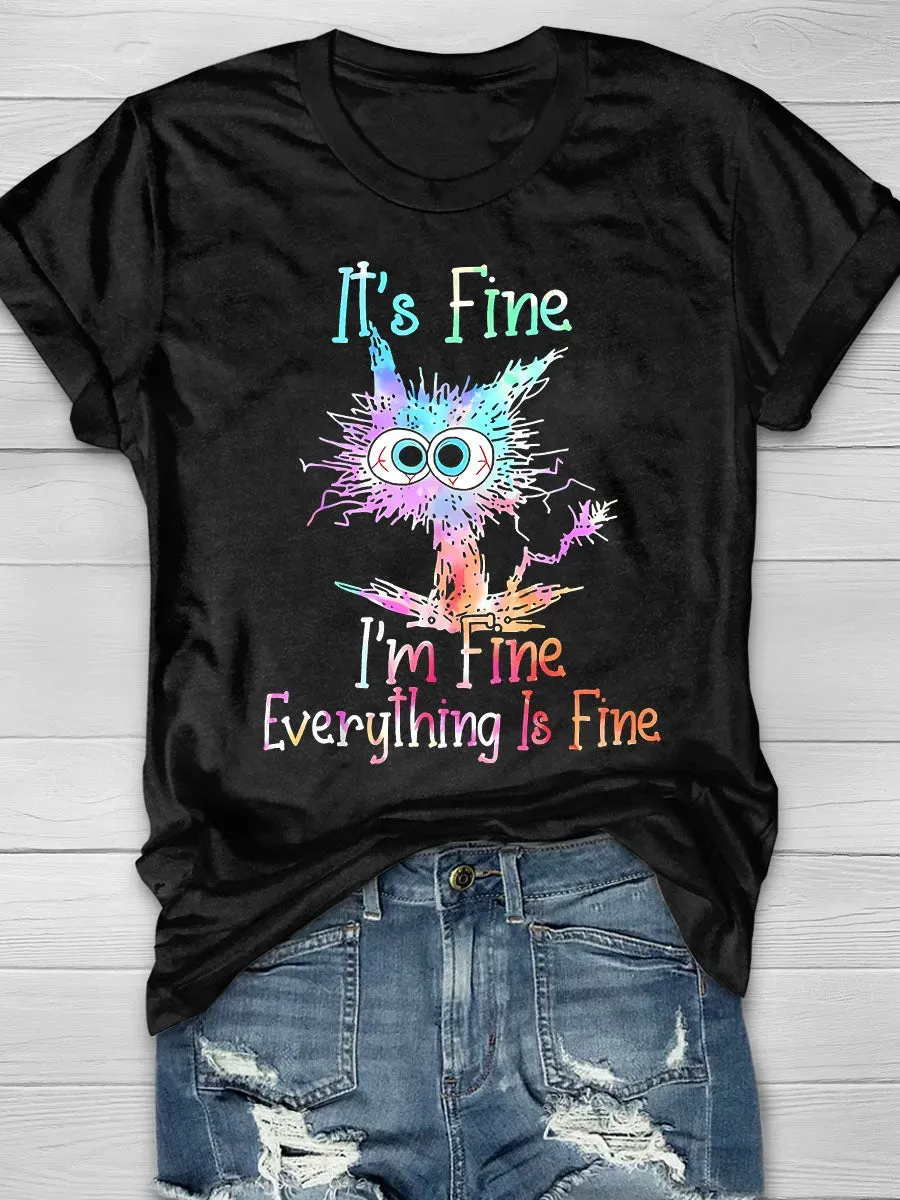 Funny Grumpy Cat It's Fine I'm Fine Everything Is Fine Graphic Print Short Sleeve T-shirt