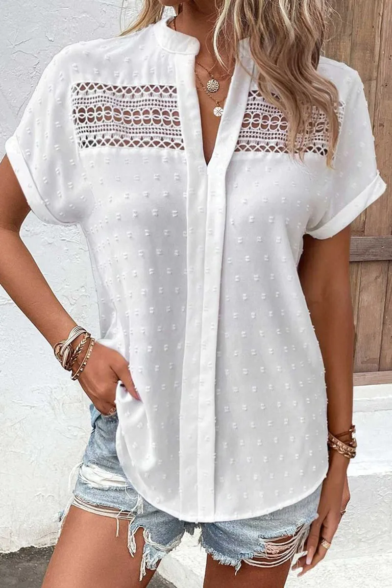 Swiss Dot Guipure Lace Pleated Hollow Out Blouse