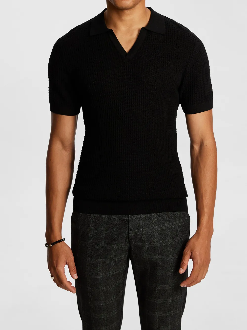 Black Short Sleeve Ribbed Knit Polo Shirt