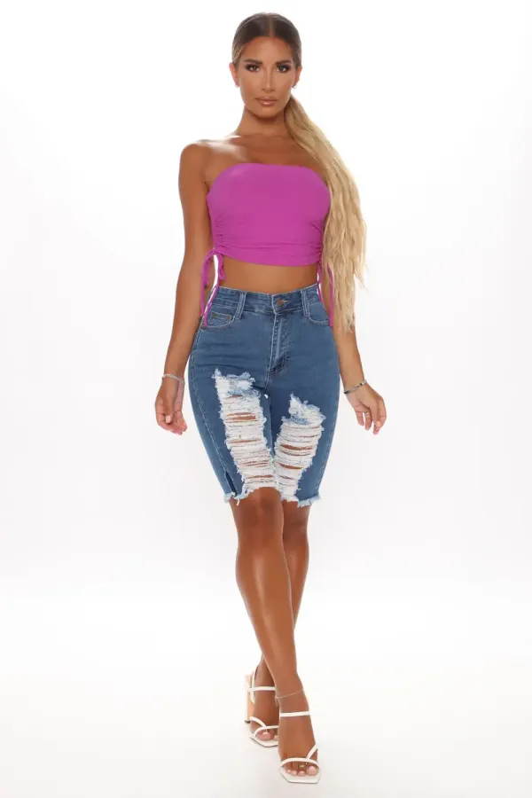 Distressed About It Denim Knee Shorts - Medium Blue Wash
