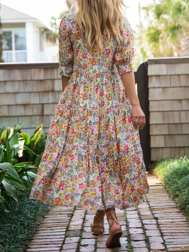 Women's Casual Floral Print Cotton And Linen Dress