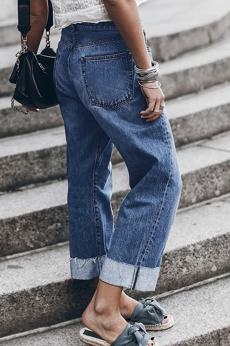 Wash Ripped Raw Roll Hem Wrap High Rise Straight Leg Jeans