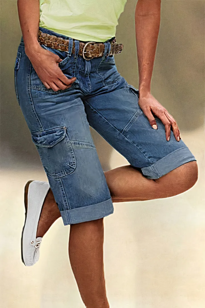 Flap Pocket Roll Hem Bermuda Denim Shorts Without Belt