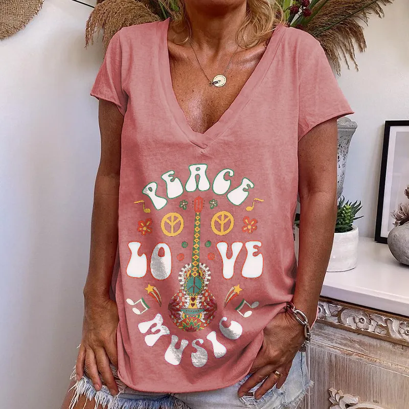 Floral Guitar Peace Love Music Printed Graphic Tees