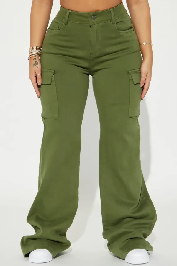 True That 90s Stretch Color Cargo Jeans - Olive
