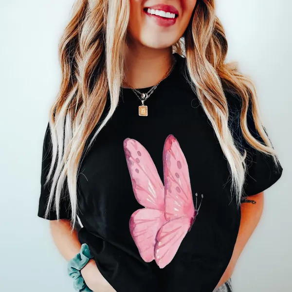 Pink Painted Butterfly Pattern Casual T-Shirt