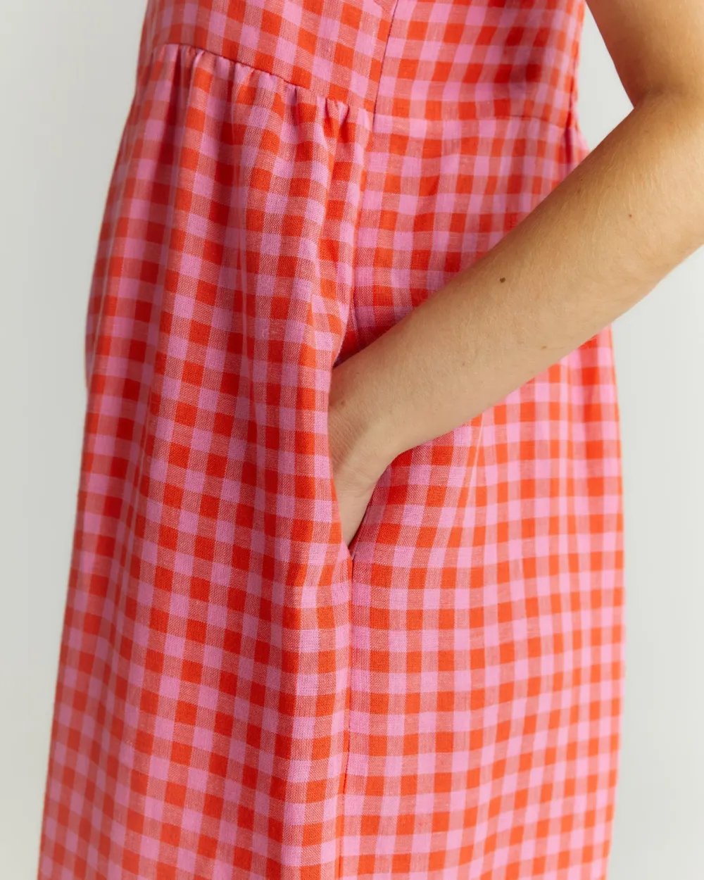 TOMATO & PINK CHECK LINEN JUMPSUIT