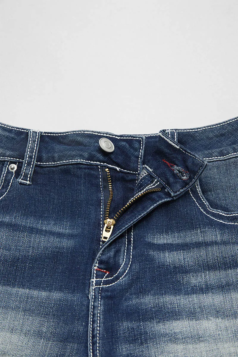 Stitch Pocket Raw Hem Mid Waist Denim Shorts