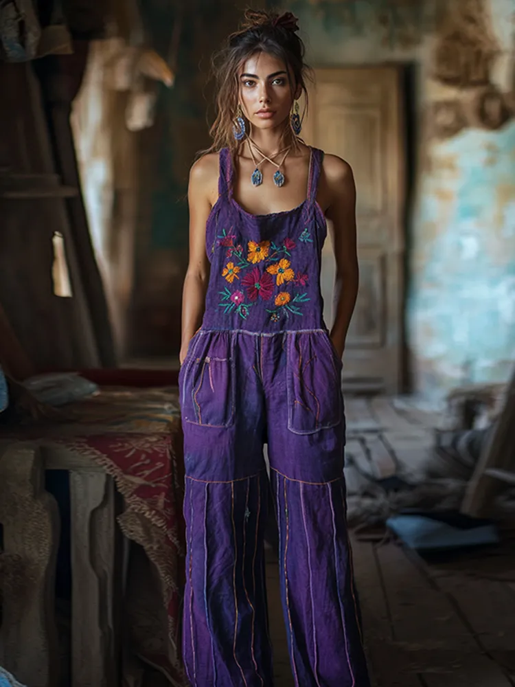 Vintage Floral Embroidered Art Linen Blend Loose Casual Jumpsuit
