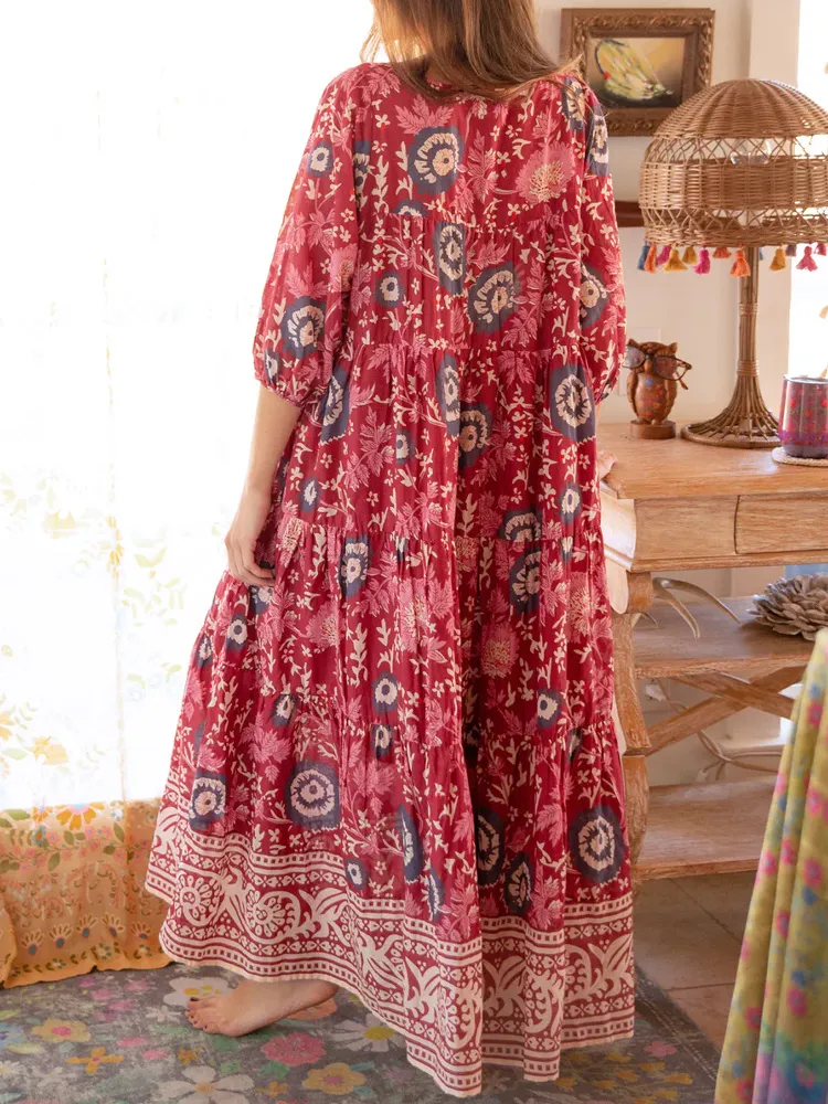 Women's Casual Floral Print Cotton And Linen Dress