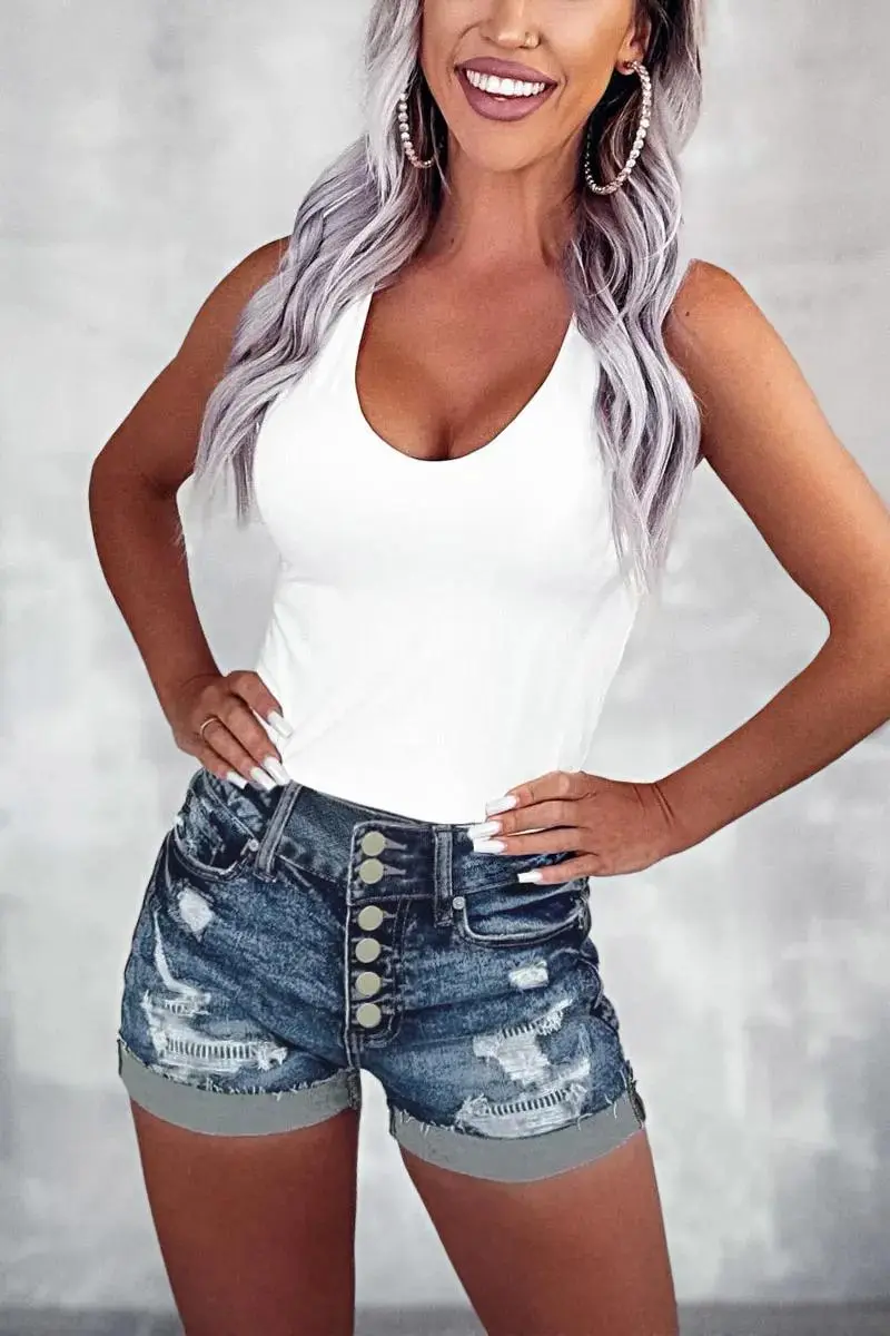 Stripe Ripped Roll Hem Button Fly Denim Shorts