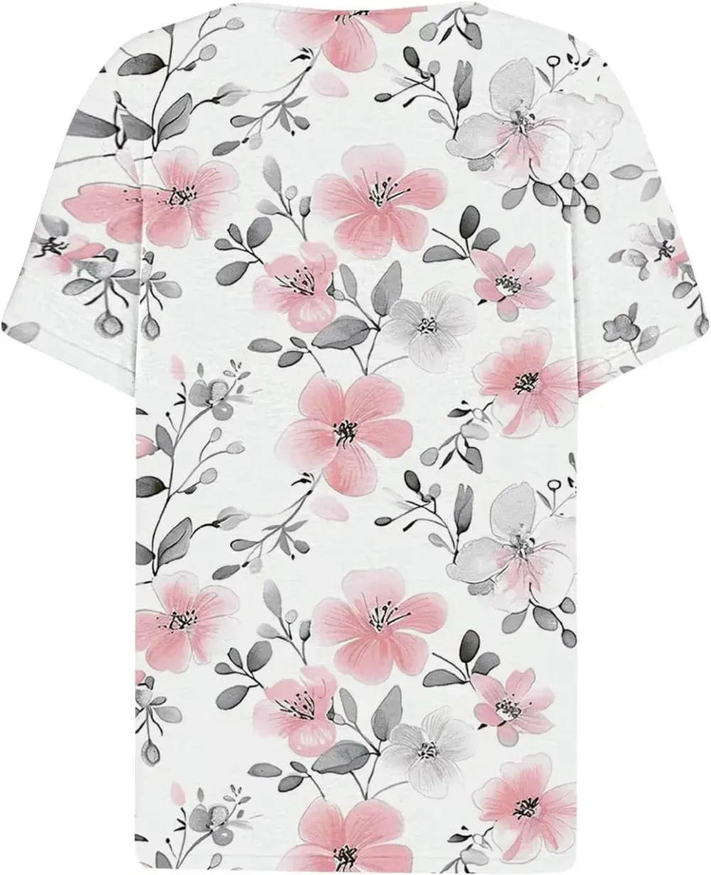 Shirts for Women Casual Printed Summer Tops Short-Sleeved Button V-Neck Tops Blouse Fashion Boho T-Shirts